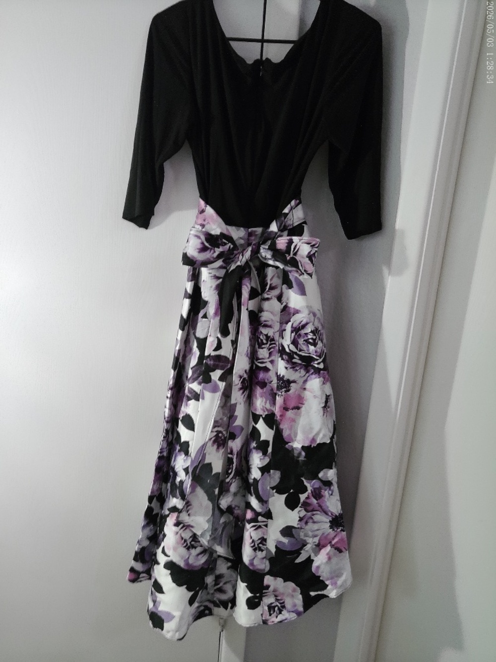 R & M RICHARDS COLLECTION BLACK PURPLE FLORAL POLYESTER BLEND MIDI DRESS SIZE 16